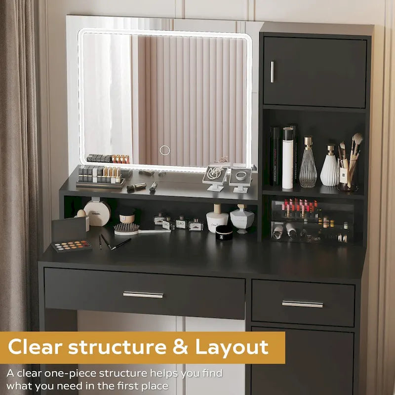 Coiffeuse blanche/noire avec miroir LED, tiroirs et meuble de rangement – 1 personne
