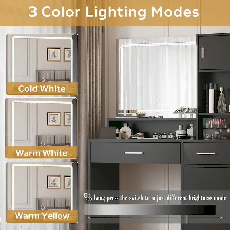 Coiffeuse blanche/noire avec miroir LED, tiroirs et meuble de rangement – 1 personne