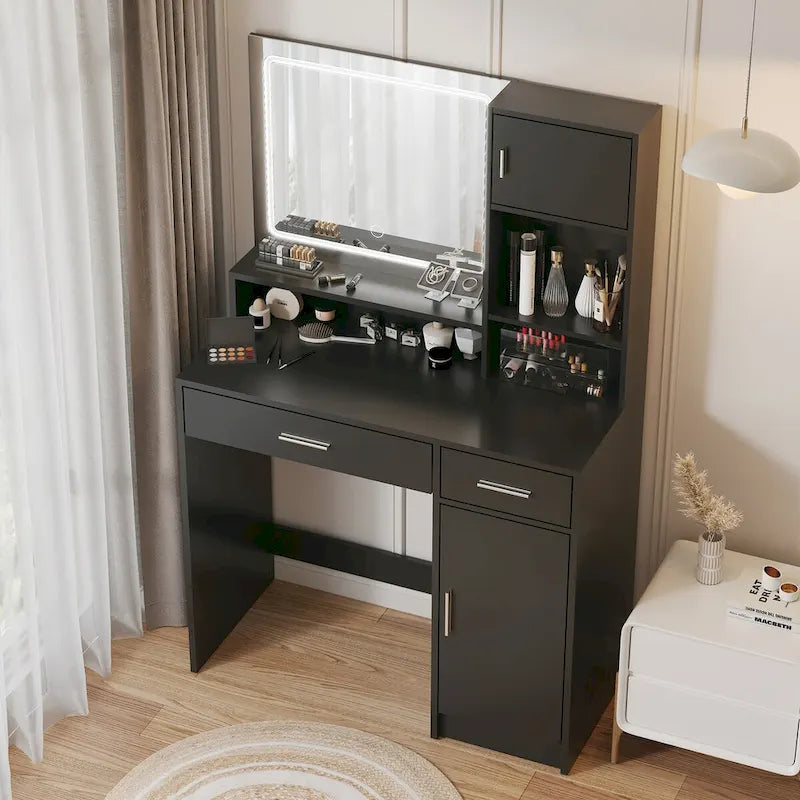 Coiffeuse blanche/noire avec miroir LED, tiroirs et meuble de rangement – 1 personne