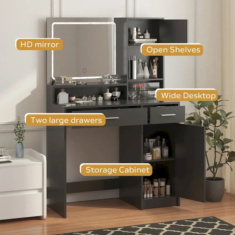 Coiffeuse blanche/noire avec miroir LED, tiroirs et meuble de rangement – 1 personne