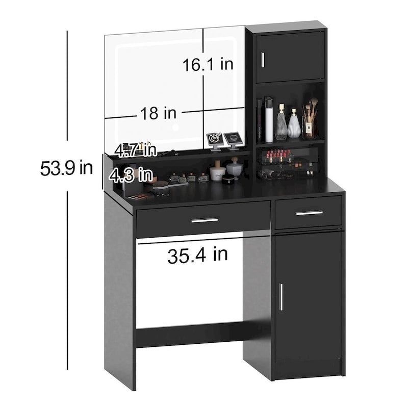 Coiffeuse blanche/noire avec miroir LED, tiroirs et meuble de rangement – 1 personne
